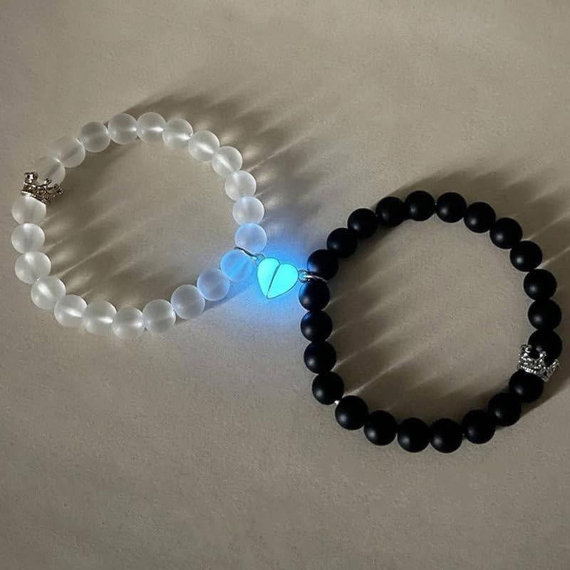 Bracelet de perles lumineux pour couple avec couronne et cœur - Lot de 2