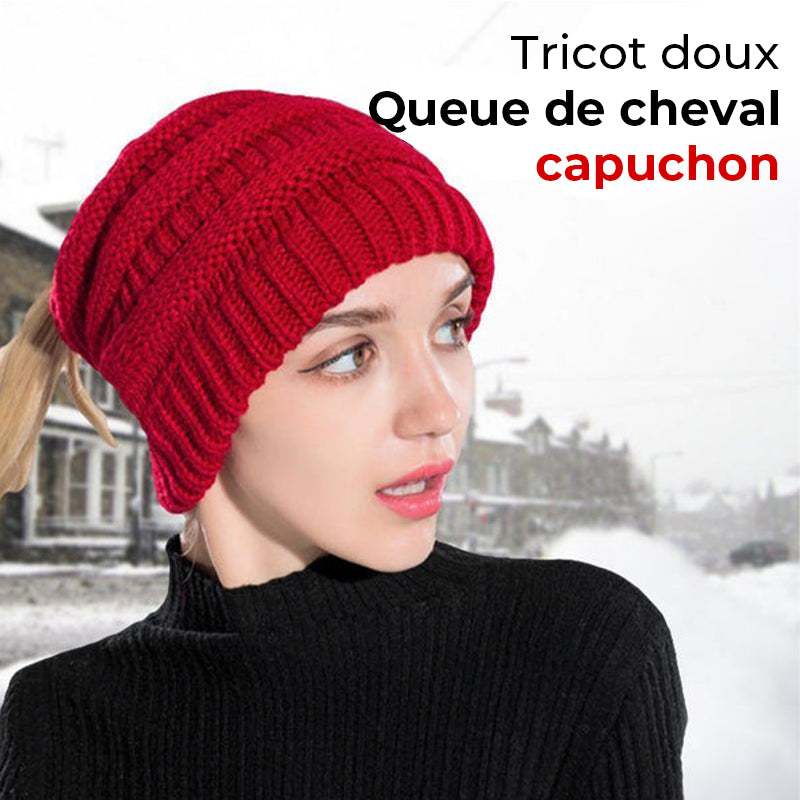 Bonnet queue de cheval en tricot doux