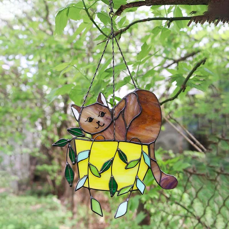 Attrape-soleil en vitrail Chat dans un pot de fleurs à suspendre à la fenêtre