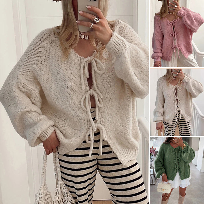 Cardigan à épaules tombantes et col noué de couleur unie pour femme