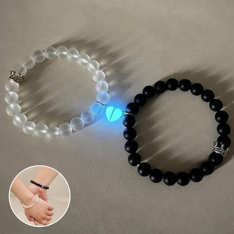 Bracelet de perles lumineux pour couple avec couronne et cœur - Lot de 2