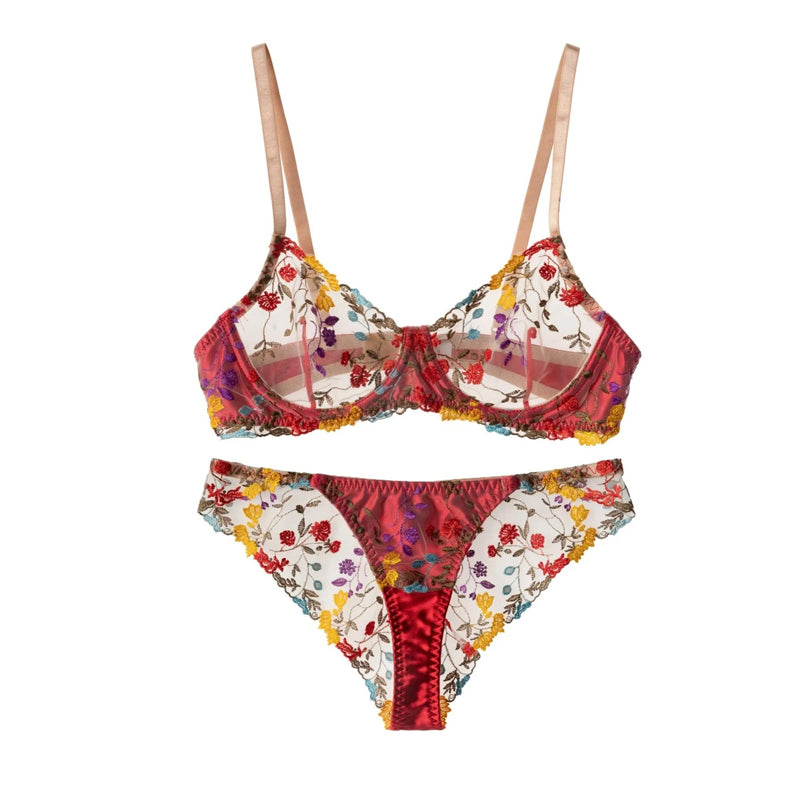 Ensemble soutien-gorge et culotte en dentelle fleurie pour femme